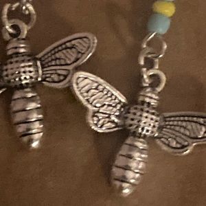 Busy bee earrings beaded blue and yellow